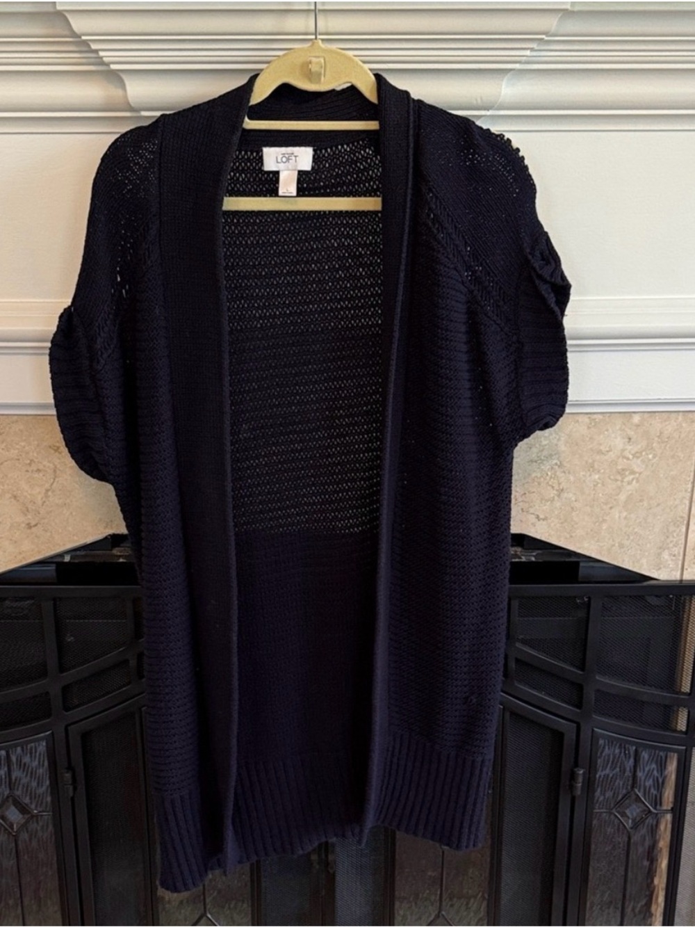 LOFT Navy Open Knit Short Sleeve Long Cardigan Sweater L